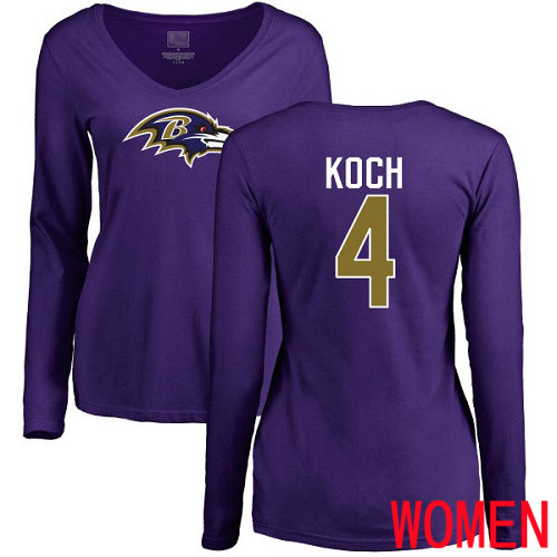 Baltimore Ravens Purple Women Sam Koch Name and Number Logo NFL Football #4 Long Sleeve T Shirt